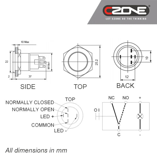 CZone Push Button Momentary ON/OFF with Blue LED, 3.3V
