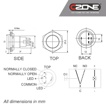 CZone Push Button Momentary ON/OFF with Blue LED, 3.3V